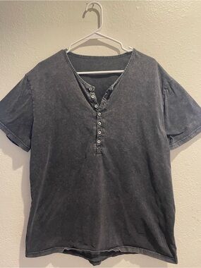 🔥 Beotyshow Acid Washed Henley Gray Button Tee Short Sleeve Cotton XL  🔥